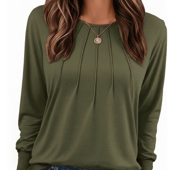 Somer Tops - Everyday Olive Green Pleated Long Sleeve Tee